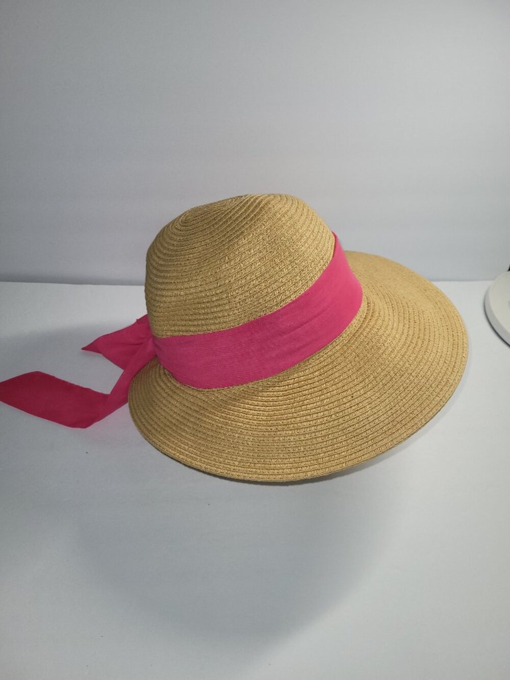 Haute Hippie Style Straw Wide Brim Hat Women's Sz OS Hot Pink Chiffon Bow Nice